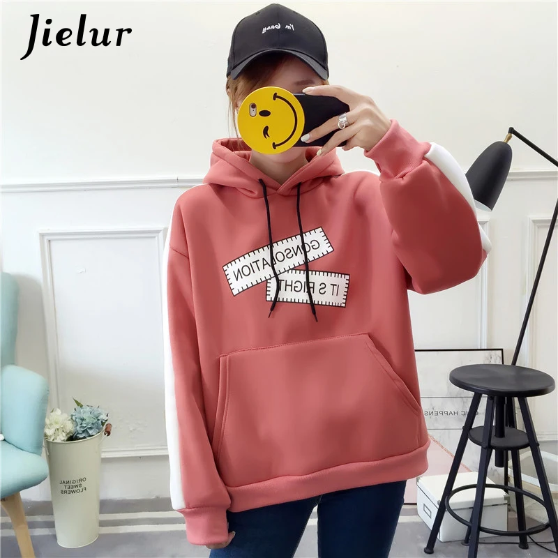 Jielur корейский стиль худи с напечатанными буквами для женщин весна осень флис