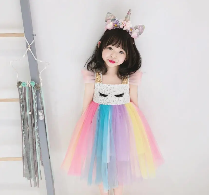 New 2019 Fairy Sequined Rainbow Mesh Unicorn Dresses For Kids Baby Girls Cute Cosplay Clothing 5 pcs/lot Wholesale | Детская одежда и