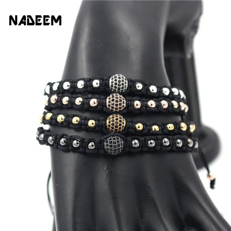 

NADEEM Fashion Women Black Rope Pave CZ Copper Ball Weave Bead Bracelet Friendship Braiding Macrame Punk Bracelet For Men Gift
