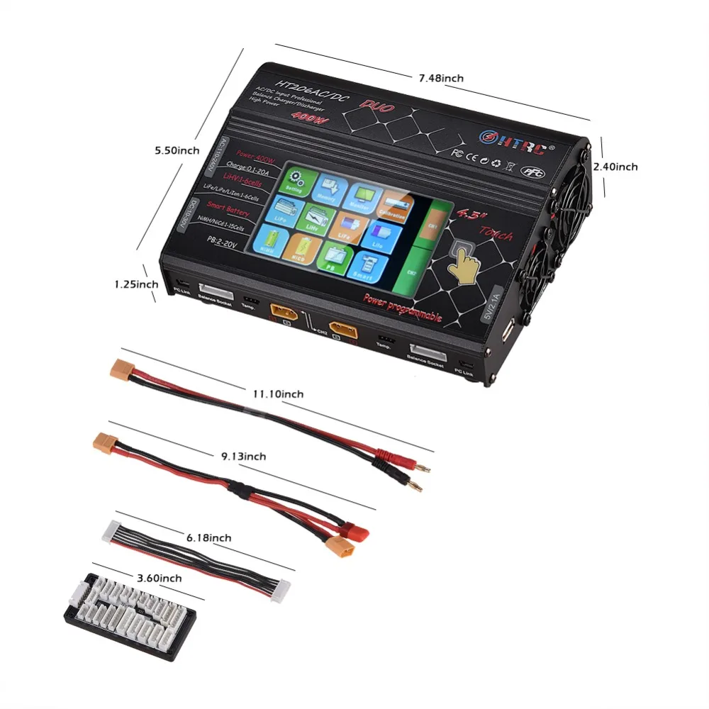 HTRC HT206 RC Баланс Зарядное устройство AC/DC DUO 200 Вт* 2 20A* 2 двухпортовый 4," цветной сенсорный ЖК-экран для Lilon/LiPo/LiFe/LiHV батареи