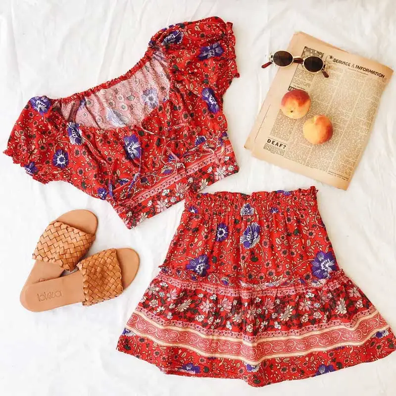 Женское мини-платье с цветочным принтом boho красное платье открытыми плечами и