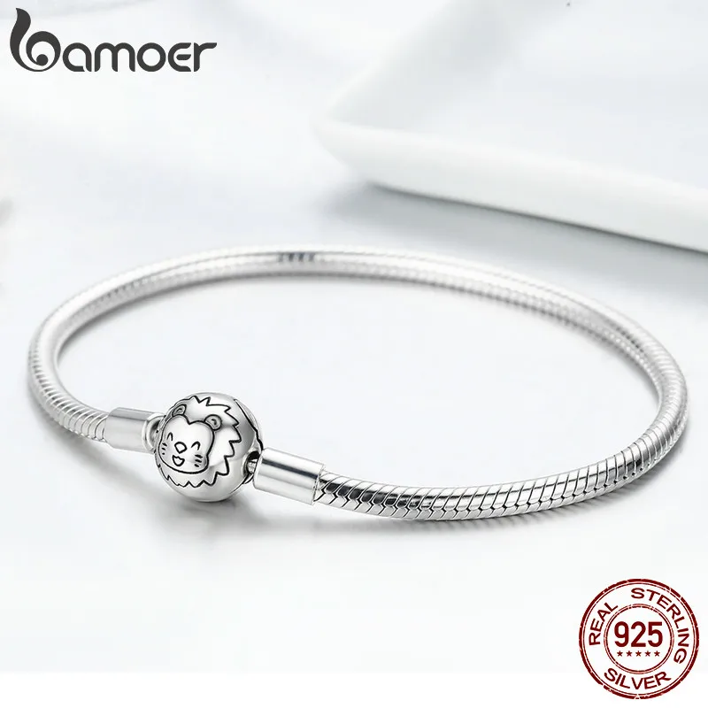 BAMOER 925 пробы Серебряный Лев животное круглая застежка змеиная цепочка браслеты для женщин ювелирные изделия из стерлингового серебра SCB054