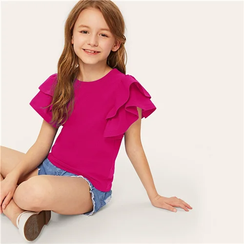 Розовый SHEIN kids/однотонная повседневная детская блузка с оборками и многослойным рукавом; коллекция года; сезон лето; милые блузки с рукавами-крылышками; топы для девочек-подростков - Цвет: Розовый