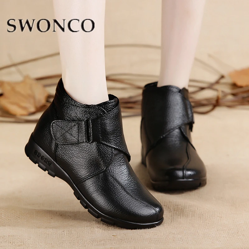 

SWONCO Autumn Boots Women Boots Winter Ankle Genuine Leather Ladies Hook-Loop Flat Boot Mommy Retro Anti-Slippery Winter Shoes