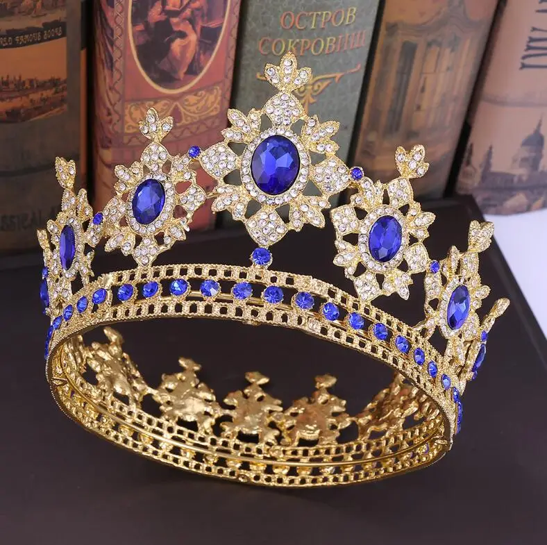 Blue KMVEXO Роскошный Кристалл queen Полный Круглый короны гребешок для волос король горный хрусталь большой диадемы головные уборы принцессы Свадебные украшения подарки - Окраска металла: Blue