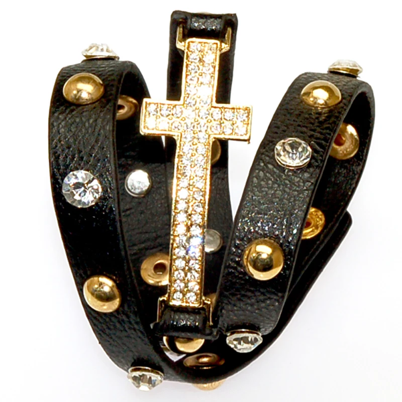 Женский кожаный браслет с двойной обмоткой фианитами|leather charm bracelet|charm braceletbracelet with