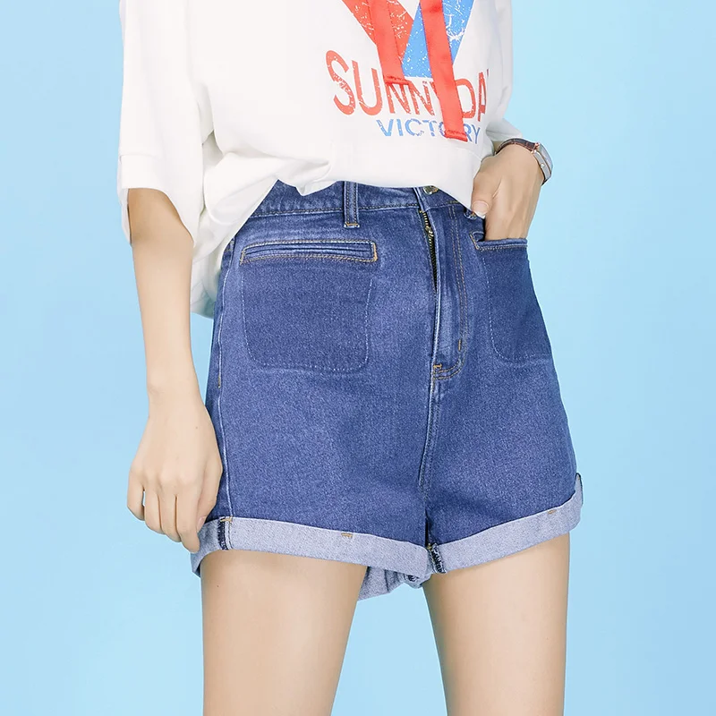 LEIJIJEANS летние новые синие узкие джинсовые шорты с высокой талией свернутые брюки