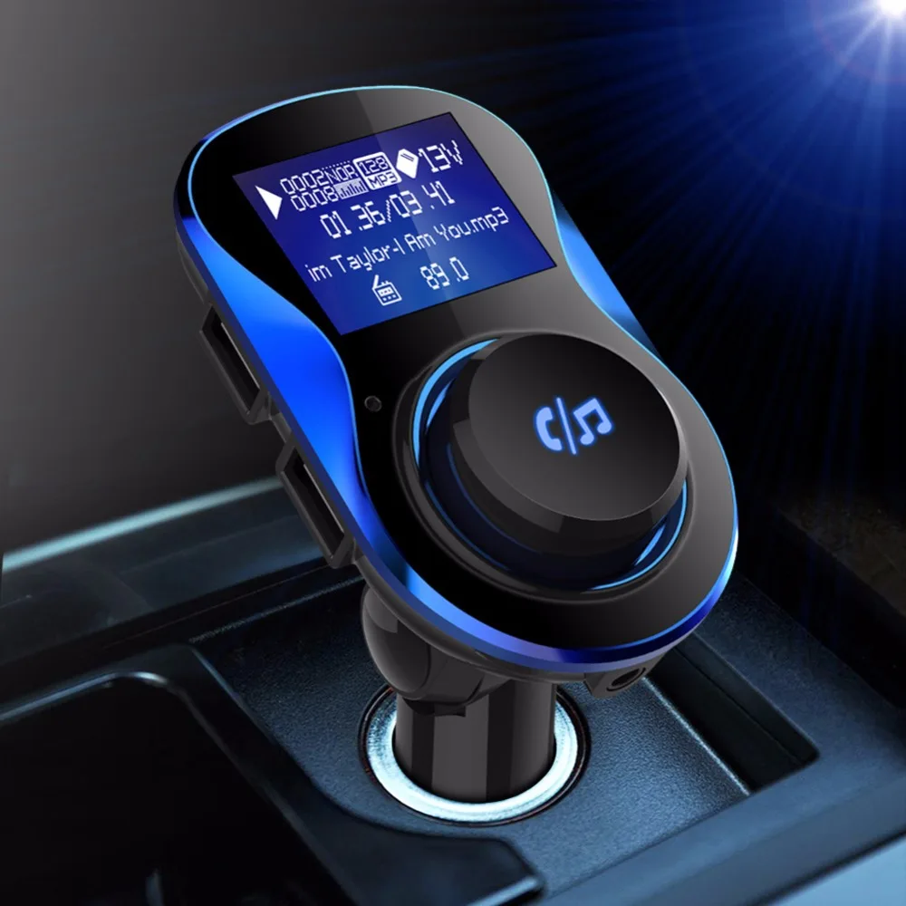 

Konrisa Bluetooth Car Kit Handsfree Call FM Transmitter AUX Output A2DP Music Player 5V 3.4A Dual Charger Support USB Driver