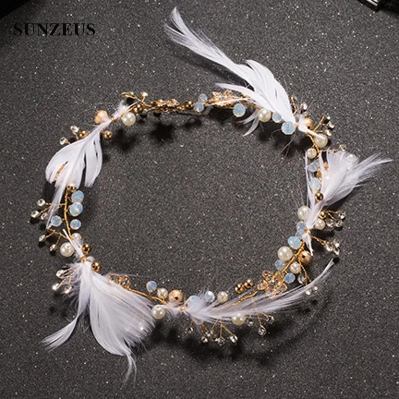 

Bridal Feather Head Chain With Crystal Pearls Wedding Party Headband Haar Accessoires Bruid SQ131