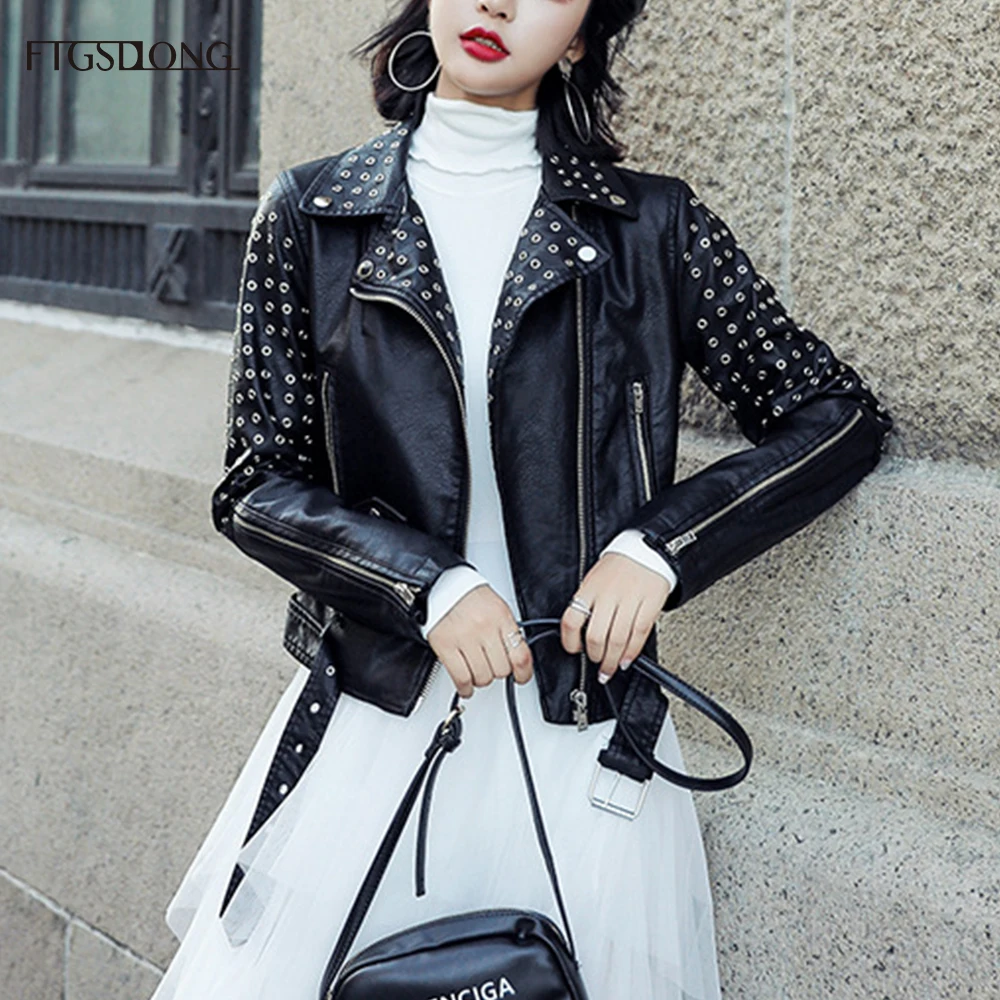 Женская куртка из искусственной кожи FTGSDLONG черная с длинными рукавами и