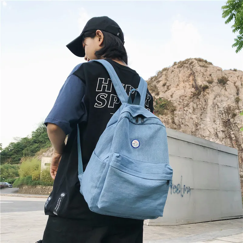 Женский холщовый рюкзак Menghuo простой однотонный синий из джинсовой ткани для