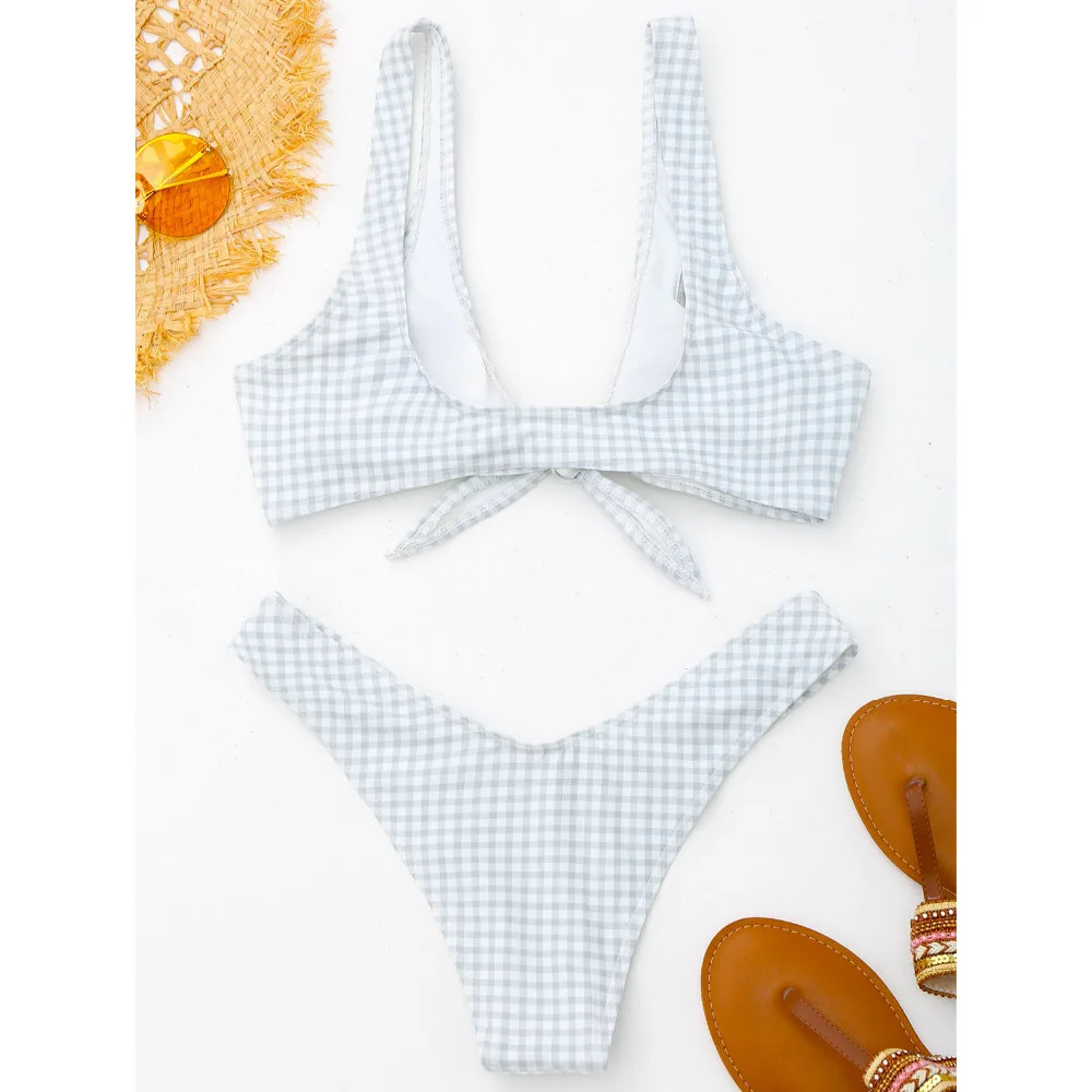 ZAFUL Новинка 2017 года Для женщин стринги плед с завязкой спереди комплект бикини