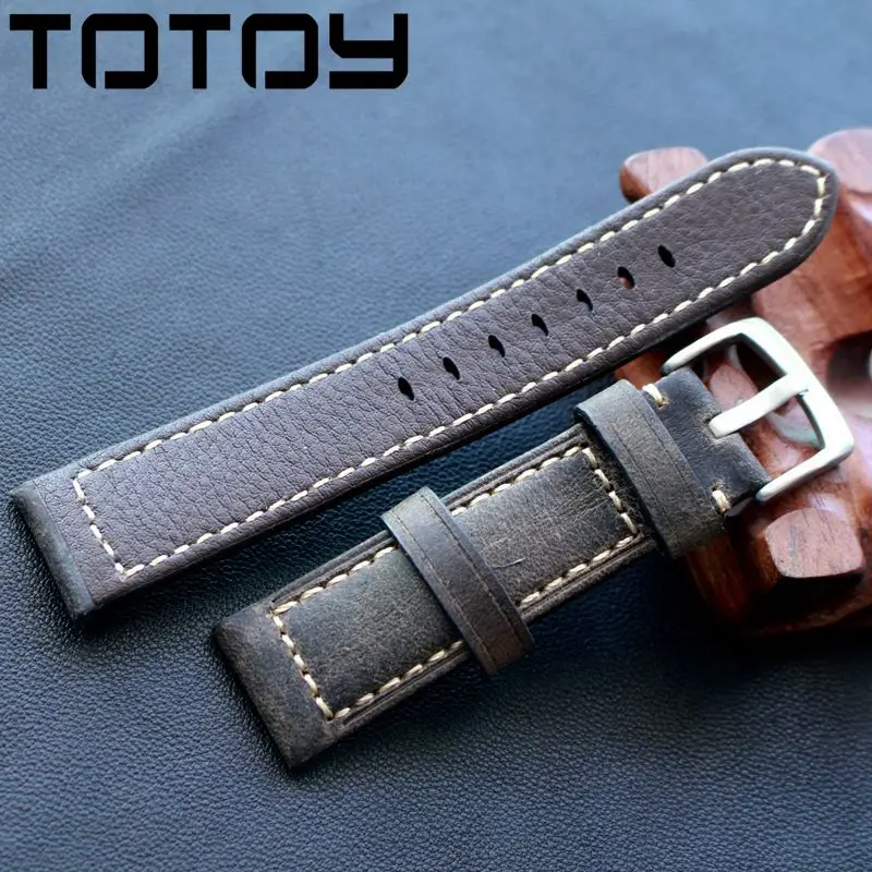 TOTOY ручной работы серый кожаный Ремешки для наручных часов, 20 мм 22 мм Открытый военные часы Ретро телячья кожа ремешок, грубая ветер ремень