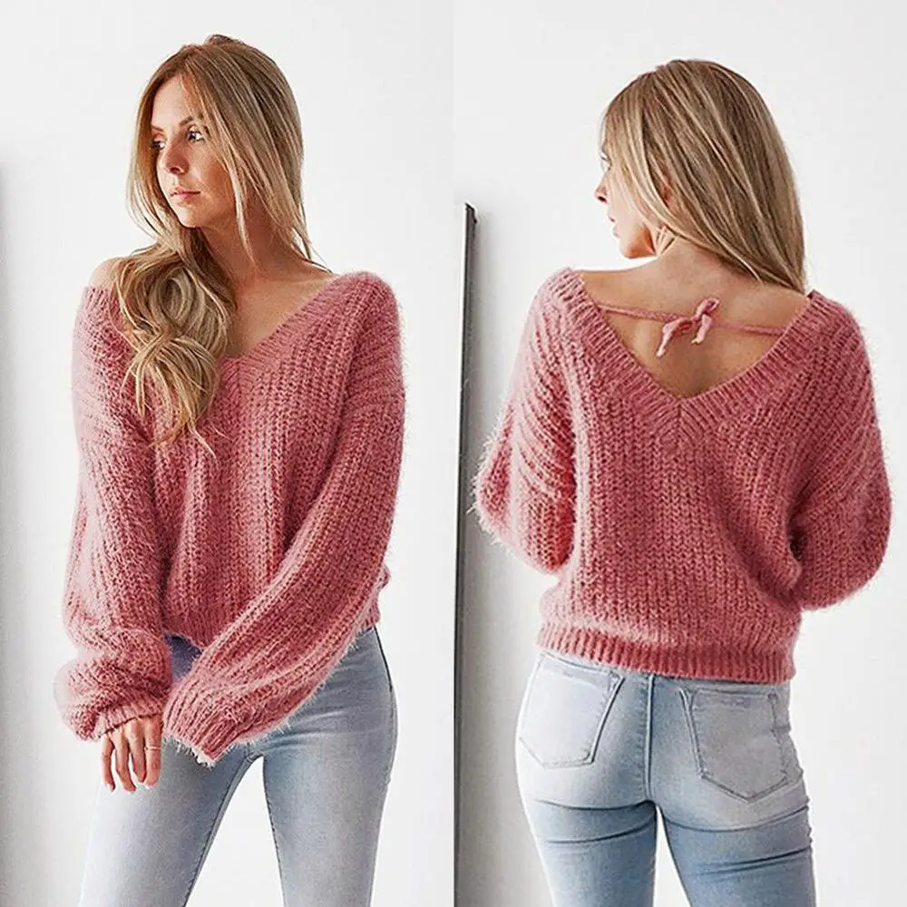 Женский свитер сексуальный v-образный вырез длинный рукав вязаный Топ свободный