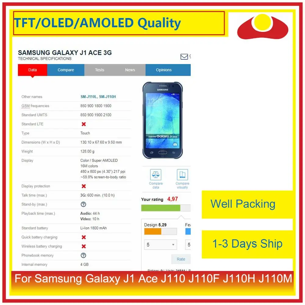 Оригинальный дисплей 4 3 дюйма для Samsung Galaxy J1 Ace Sm J110 J110F ЖК с сенсорным экраном и