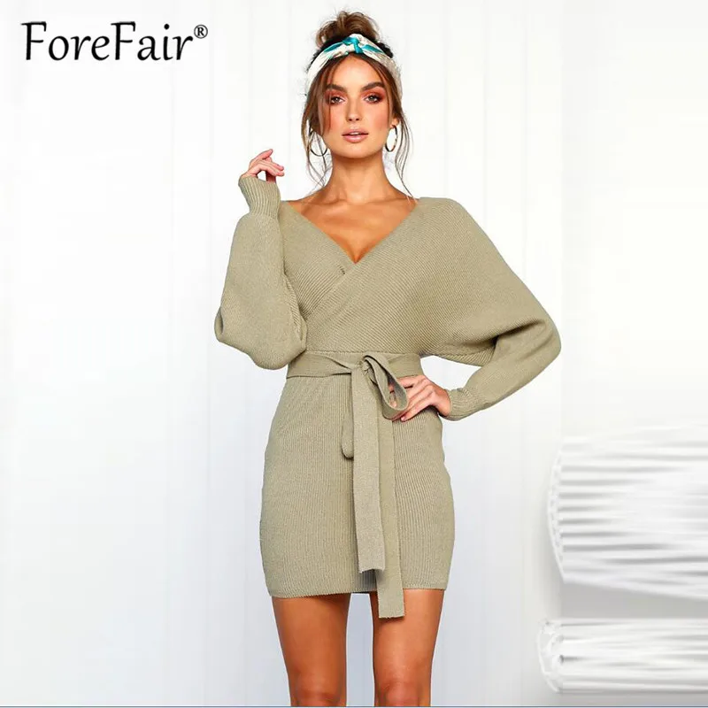 Light Green Forefair осеннее платье-свитер женское сексуальное облегающее платье с длинным рукавом и v-образным вырезом на спине женское трикотажное платье с завязками на талии - Цвет: Light Green