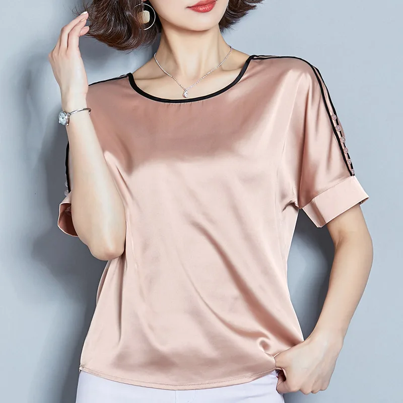Корейские модные шелковые женские блузки с круглым вырезом атласный коротким