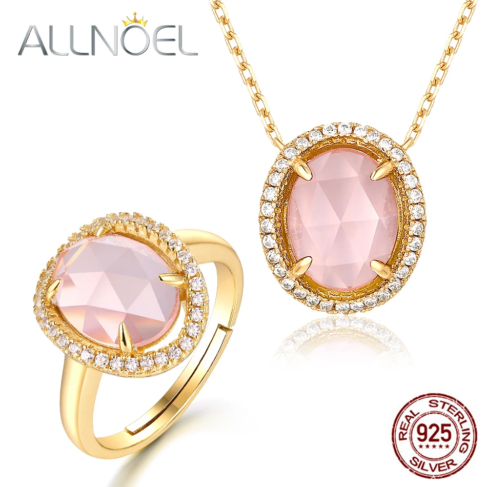 

ALLNOEL, серебро 925 пробы, розовый кварц, набор украшений для женщин, кулоны с розовыми драгоценными камнями, ожерелье, кольцо, Настоящее золото, ...