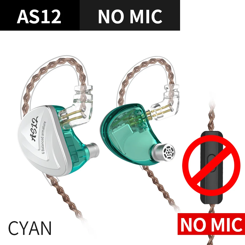 KZ AS12 6BA привод в ухо наушник 6 сбалансированных арматуры HIFI Мониторинг наушники гарнитура наушники KZ AS16 AS10 ZS10 C16 - Цвет: cyan no mic