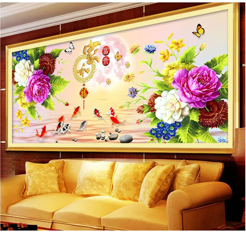 DIY Алмазная вышивка Круглый Алмаз пион семья и богатые девять рыб Полный Стразы 5D