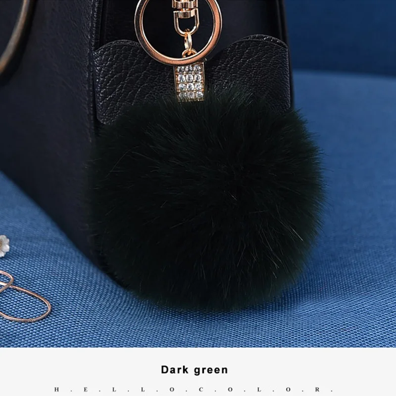Dark green Высокое качество пушистый искусственный кролик Мех животных помпонами брелок кристалл кожи лук-узел Для женщин брелок кольцо Держатель Сумочка автомобиль кулон - Цвет: Dark green
