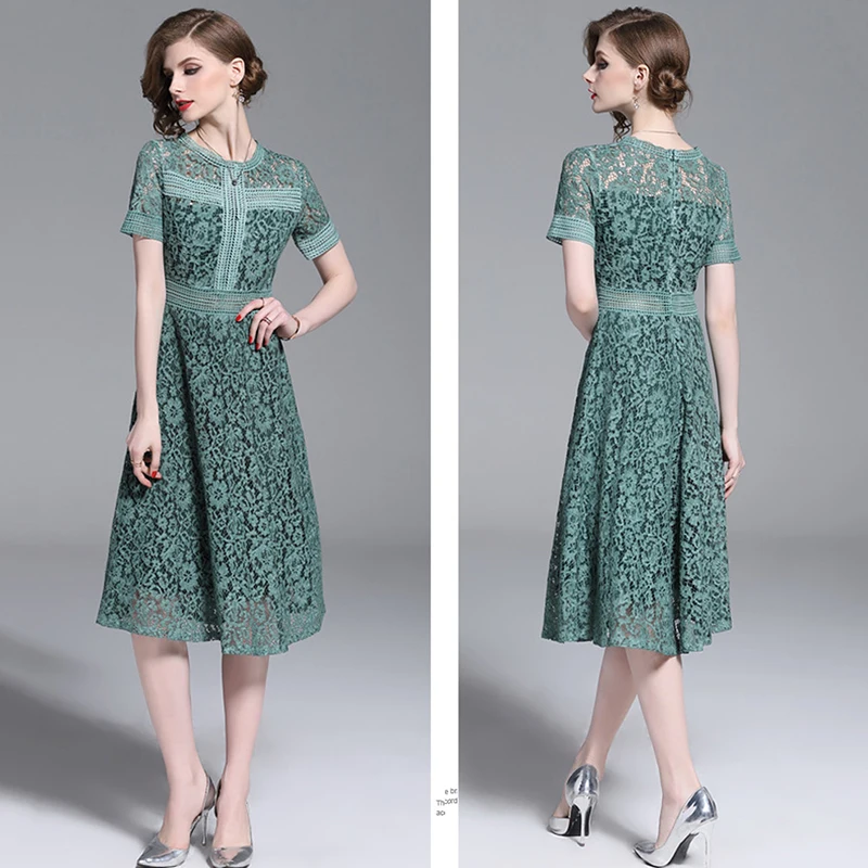 JTCY Summer Women Solid Vintage Lace Dress Party Short Sleeve O-Neck Hollow Out Sexy Female A-Line Knee-Length | Женская одежда
