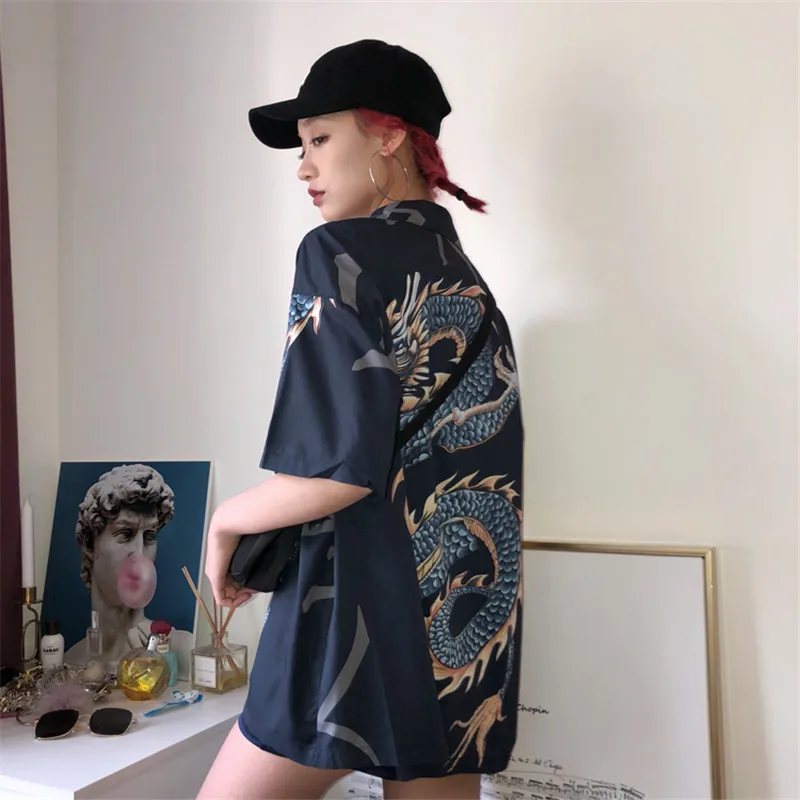 Летние топы 2020 женская одежда свободная рубашка с рисунком дракона красная
