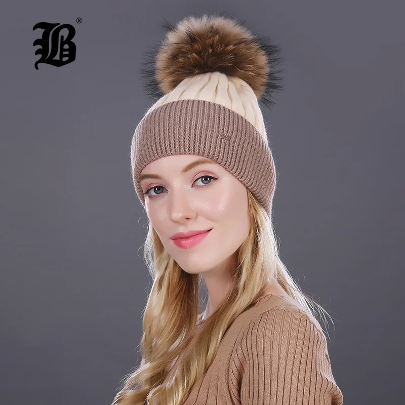 [Flb] зимняя шапка для женщин вязаный шерстяной Lady шапочки Cap Natural енота Fox меховой помпон Hat Лоскутная Женская Повседневная Skullies - Цвет: 17016 04B