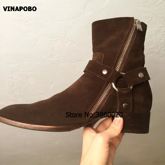 VINAPOBO/; черные мужские ботинки «Челси» из натуральной кожи на плоской подошве с ремешком и пряжкой и цепочкой; ботильоны с эластичными лентами; Роскошная Брендовая обувь - Цвет: as the pircture