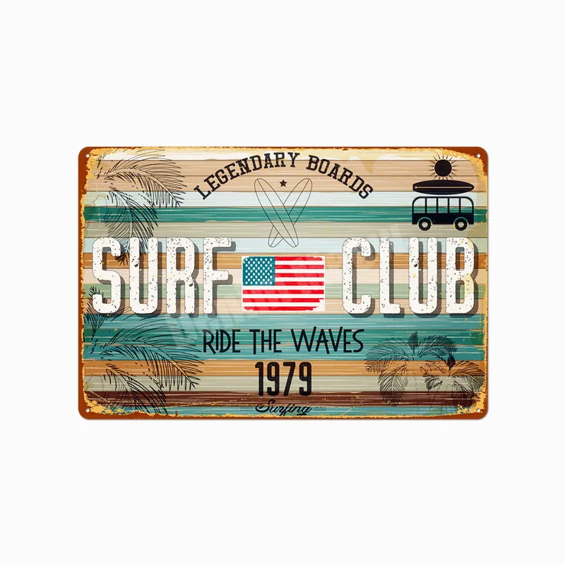 B Летние пляжные доска с надписью «Surf Club» и изображением Винтаж металлической художественной росписи Гавайи вечерние Клубные вечерние пивной бар Декор Калифорния стены жестяная Стикеры MN123 - Цвет: B