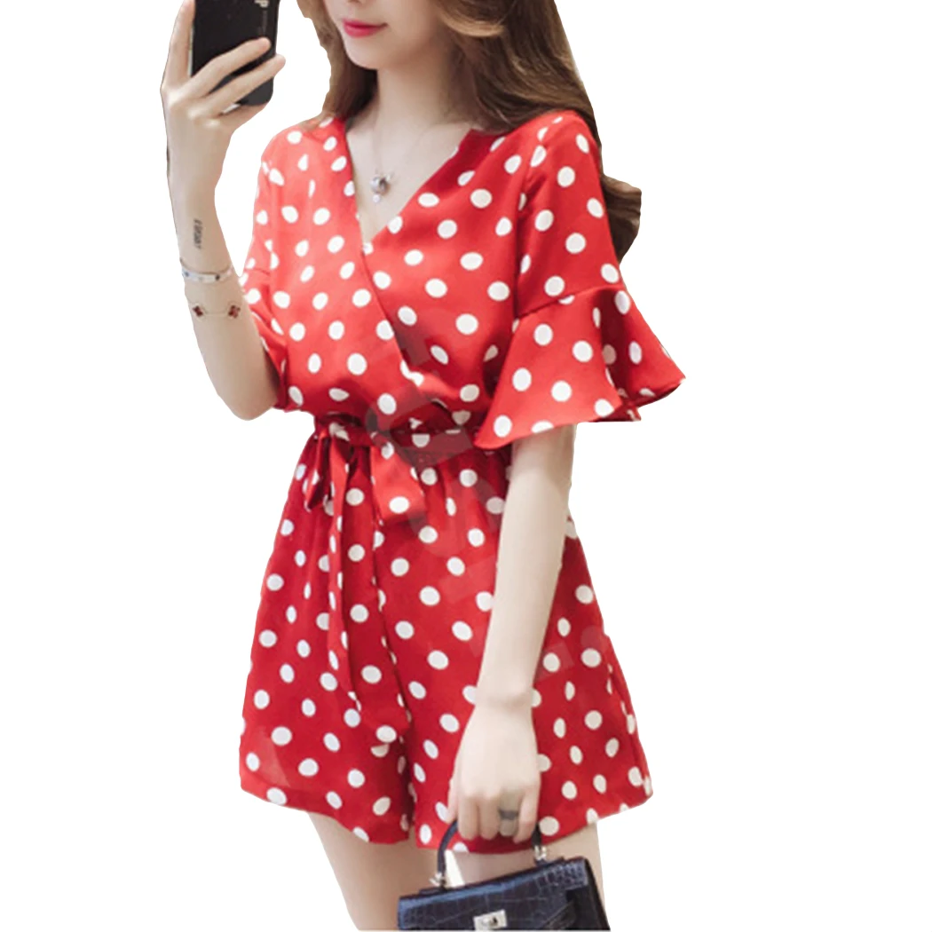 Office Elegant Polka Dot V Neck Party Romper Summer Fashion Casual Playsuit Women Stylish Short Sleeve Lace Up Jumpsuit Plu Size | Женская