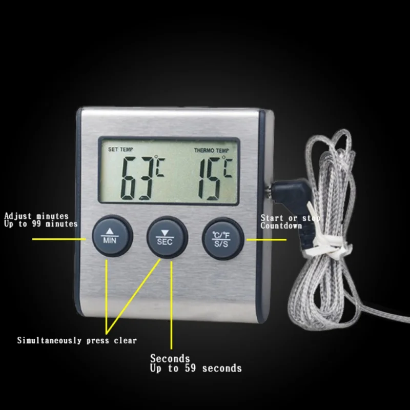 

New 1pc Kitchen Food Thermometer With Timer Stainless Steel Kitchen Food Cooking Meat BBQ Thermometer Materials