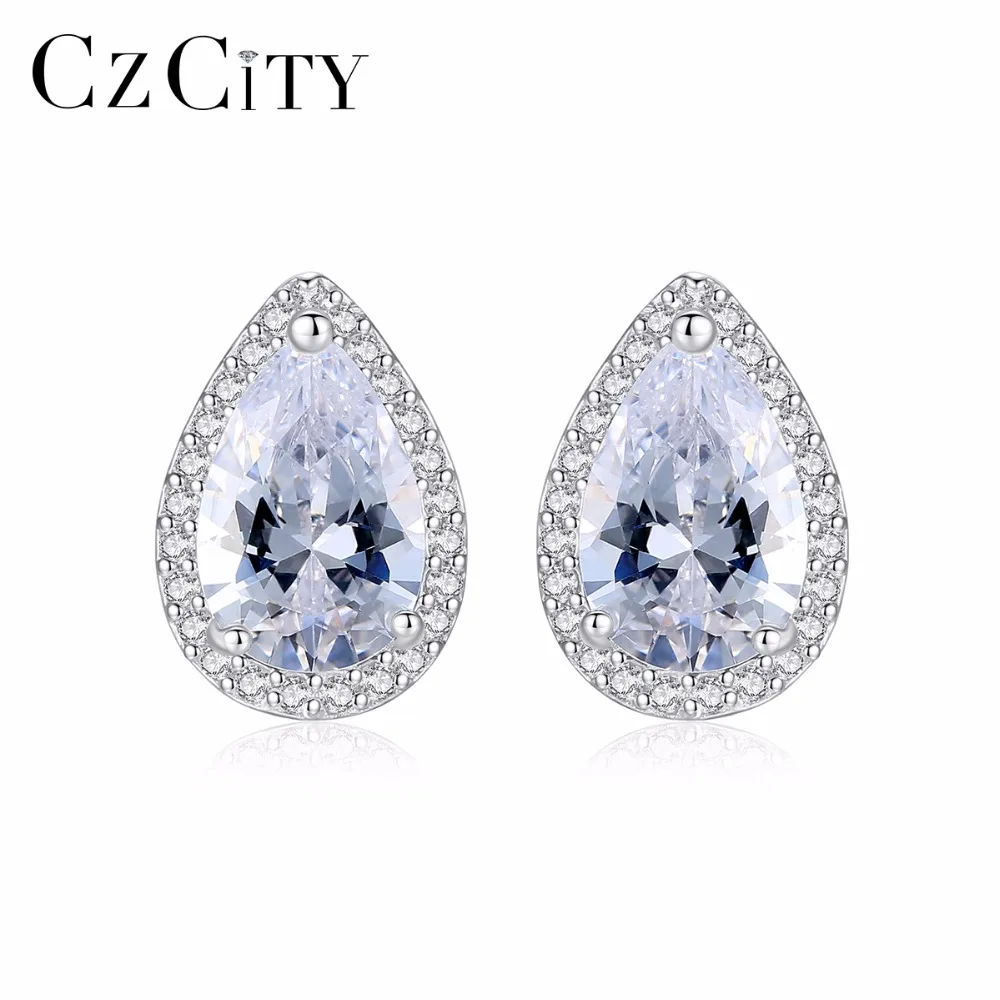 

CZCITY Brand S925 Sterling Silver White/ Yellow Zircon Main Stone Wedding Stud Earrings for Women Girl Fine Engagement Jewelry