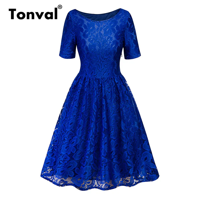 Dark Blue Tonval, винтажное фиолетовое повседневное Плиссированное кружевное платье, элегантное, круглый вырез, короткий рукав, высокая талия, платья, женская летняя одежда, платье - Цвет: Dark Blue
