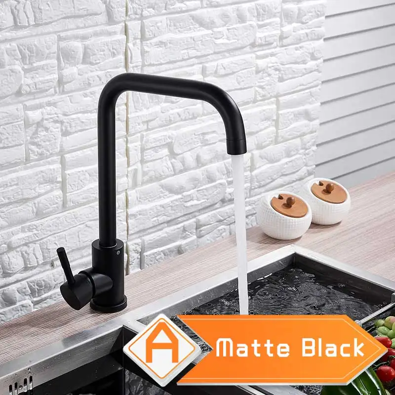 Matte Black A Матовый никель вращающийся на шею смеситель для кухонной раковины Однорычажный поворотный носик смеситель для кухни ванной комнаты кран на одно отверстие кран из нержавеющей стали - Цвет: Matte Black A