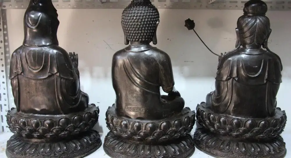 Тибет Буддизм Медь Бронза Трехсвятительская Западно Кван-инь Статуя Будды Набор