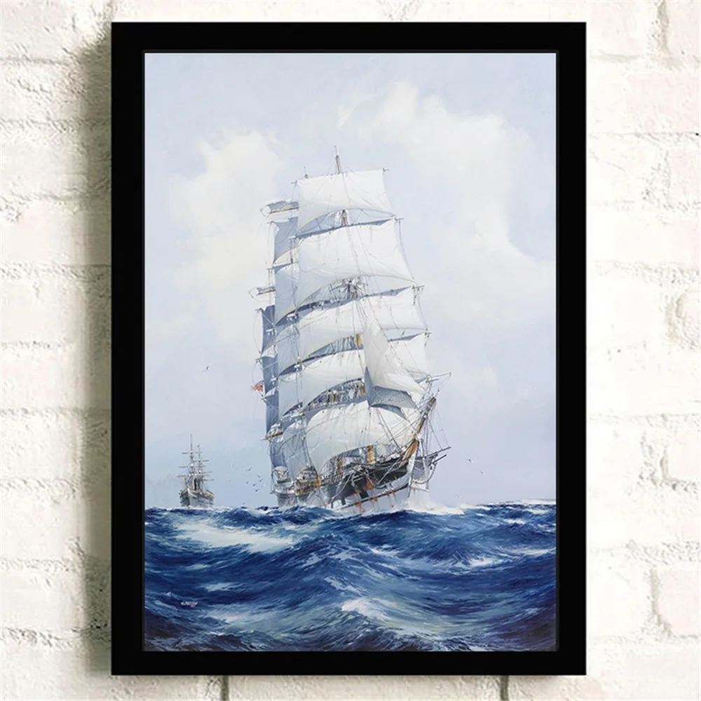Vintage Noridc High Quality Silk Painting about Ship Sailboat Poster Wall Pictures for Living Room Kids Room Decoration Cuadros - Цвет: Белый