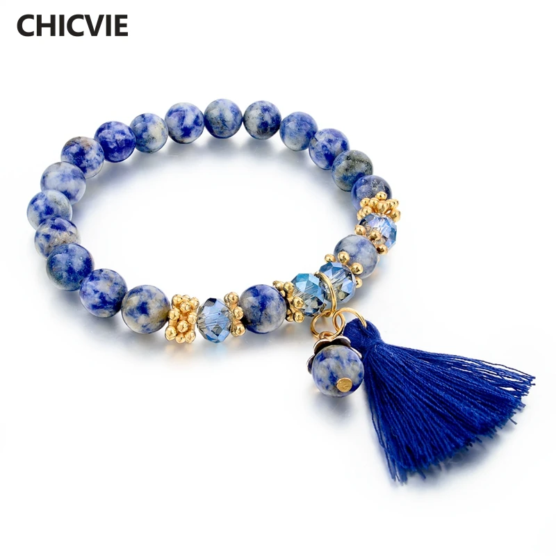 

CHICVIE NEW Luxury Blue Natural Stone Beaded Bracelet & Bangles Charms For Women Girl Jewelry Making Tassel Bracelets Sbr150350