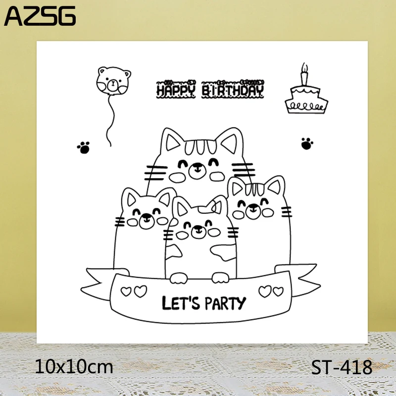 Прозрачные штампы/уплотнения AZSG на день рождения с милым котом для скрапбукинга