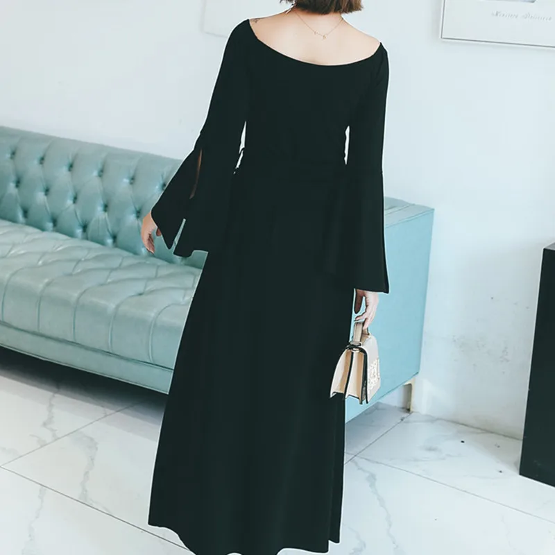 YUMMYCOOK модные элегантные черные ботфорты длинное платье Большие размеры сплошной