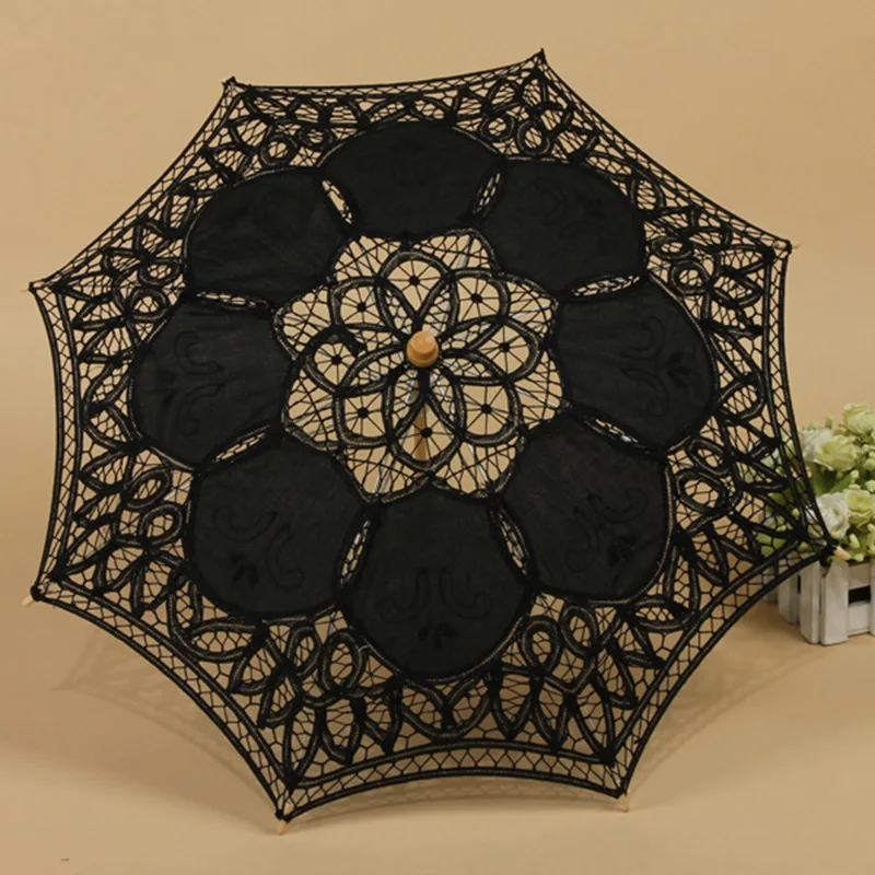 25 Black Umbrella Элегантный костюм реквизит зонтик и веер для женщин принцесса косплей, хлопковый кружевной зонтик Свадебная вечеринка деревянный Зонт Ручной Веер - Цвет: 25 Black Umbrella