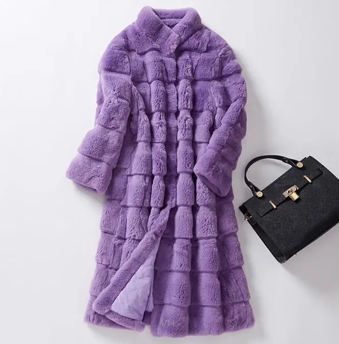 purple Новинка Осень Зима Женский Настоящий мех кролика куртки стоячий воротник тонкий натуральный мех пальто длинный мех пальто M-3XL W1536 - Цвет: purple