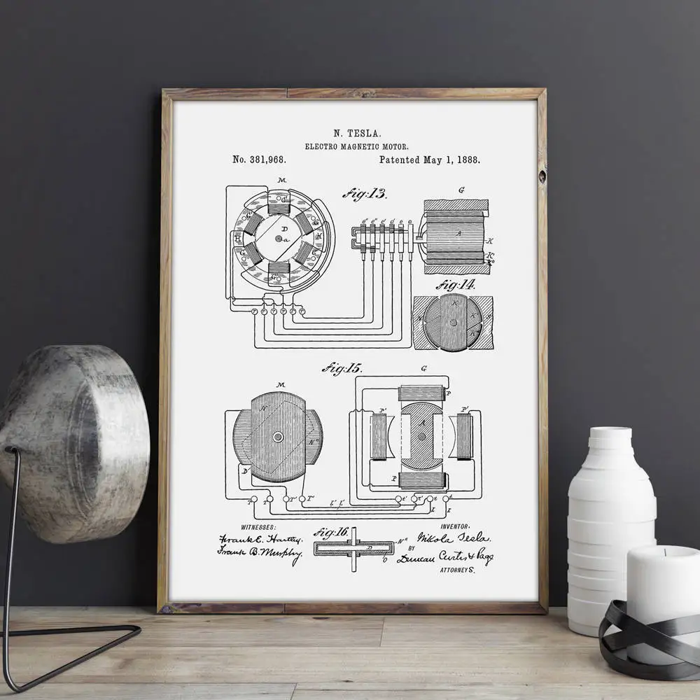 Nikola Tesla моторный патент, произведение искусства, Магнитный мотор стены искусства, плакаты, декор комнаты, печать, схема, идея подарка, украшения стены - Цвет: CP2913