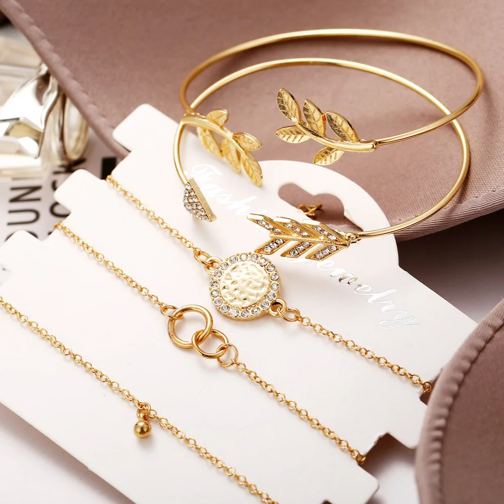 RLOPAY 5Pcs/Set Fashion Arrow Leaf Cuff Circle Round Bracelet Adjustable Bead Chain Female Bangle Jewelry Accessories | Украшения и
