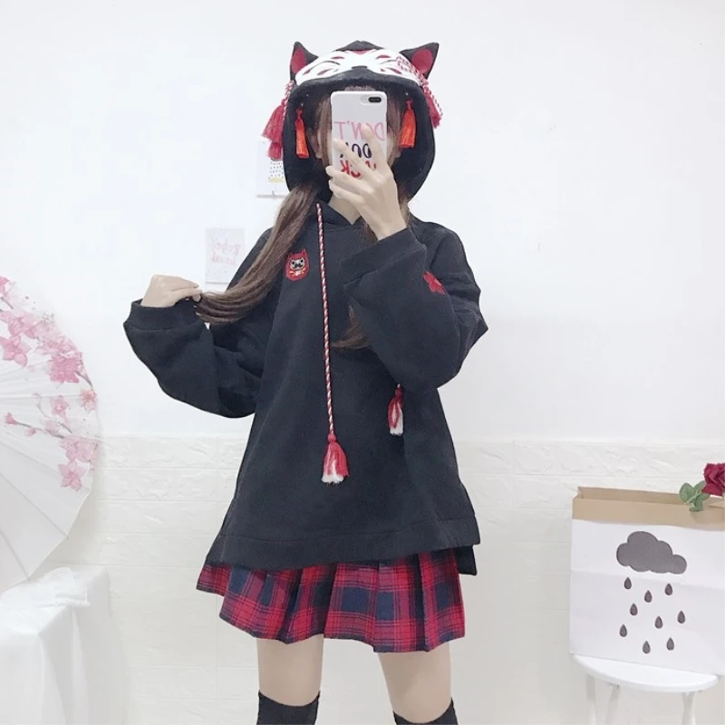 Милая женская одежда Новинка осени японский стиль kawaii мультяшный Кот вышивка