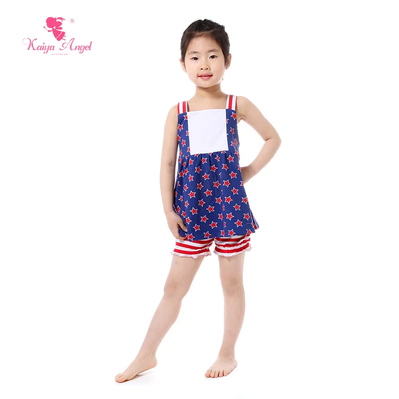 2018 Summer Girls Clothes Patriotic Blue Red Star Suspender Dress Stripe Shorts Set Toddler Girl Clothing 4th Of July Outfits