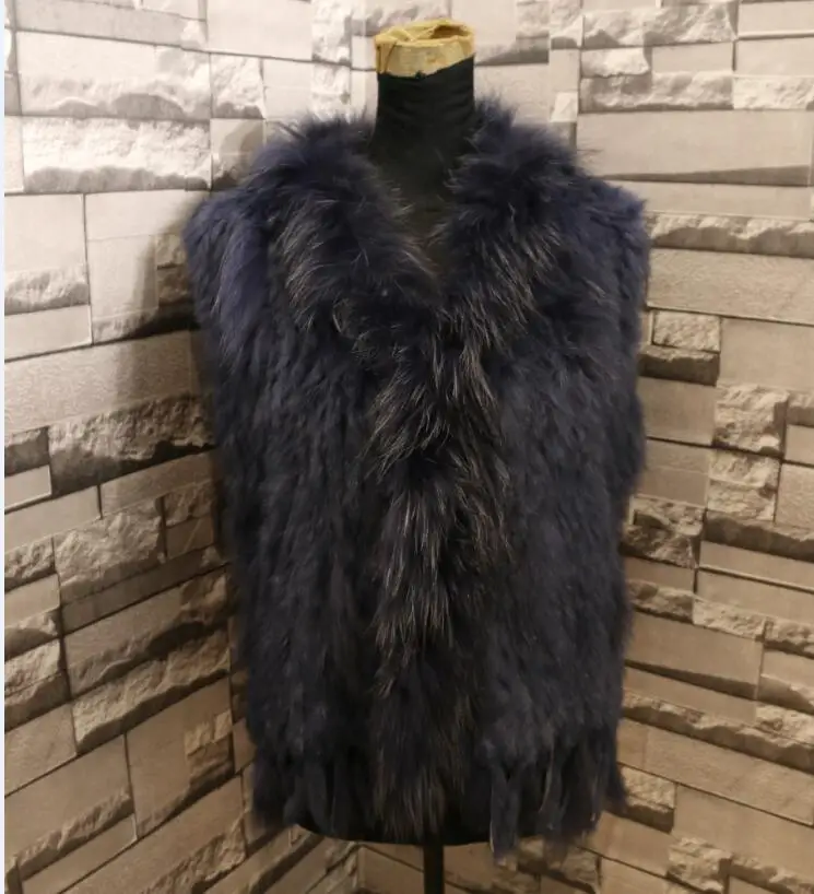 dark blue Высокое качество Лидер продаж розничная/ енотовидная собака меховой воротник отделка для женщин вязаный натуральный мех кролика жилет/жилет - Цвет: dark blue