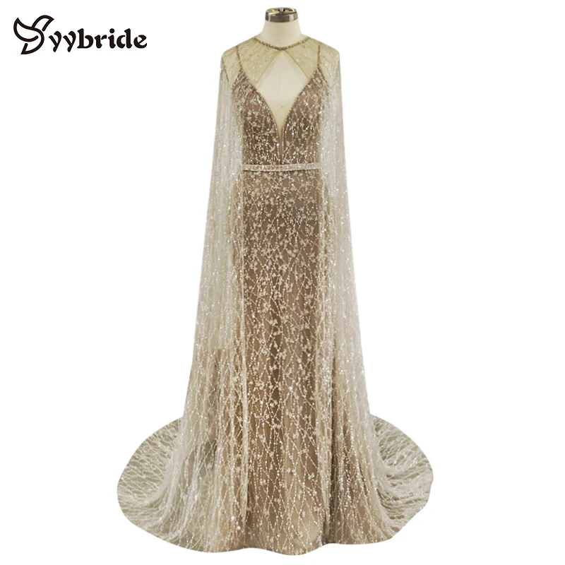 

Surmount New Luxury V-Neck Sleeveless with Long Beading Cape Prom dresses Champagne Two Pieces Backless Beach Evening Dresses