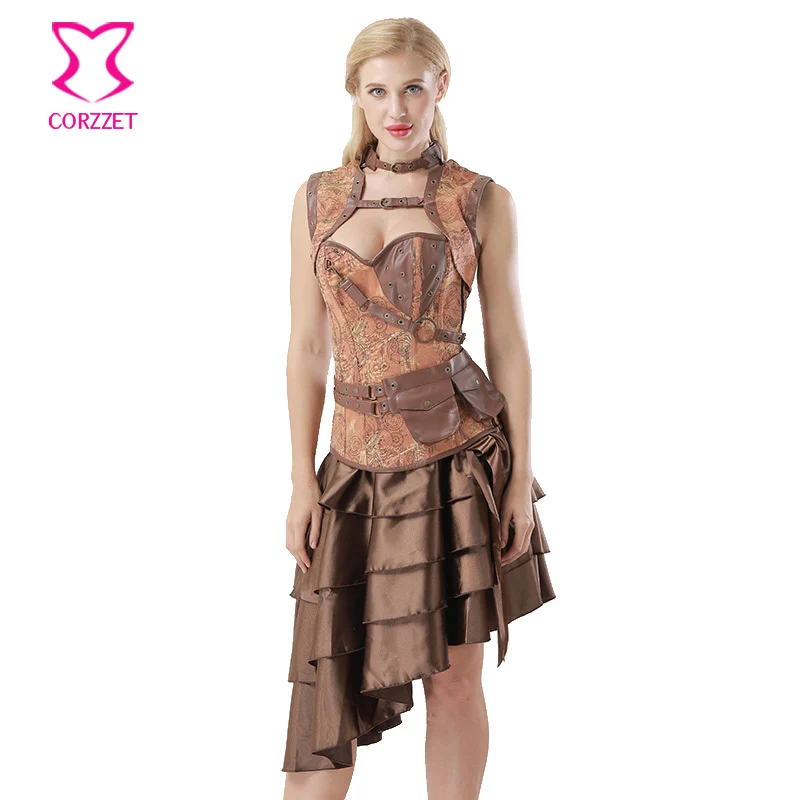 Женский винтажный корсет Corzzet коричневый джинсовый и жаккардовый со стальными