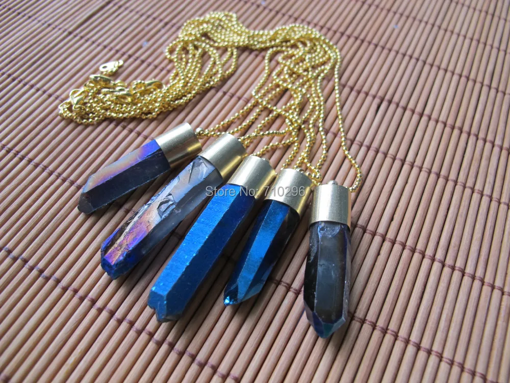 

New arrived~Titnium Blue Quartz Point Necklace With gold chain 18" 5pcs/lot
